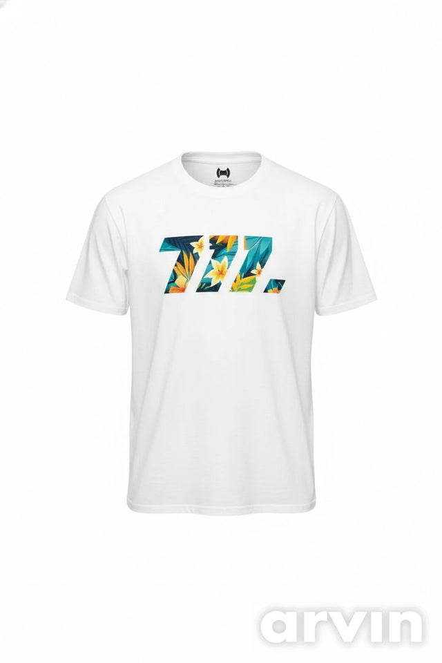 Damen T-Shirt Weiß mit „777“-Print im Blumen-Design – BALTAG Kollektion
